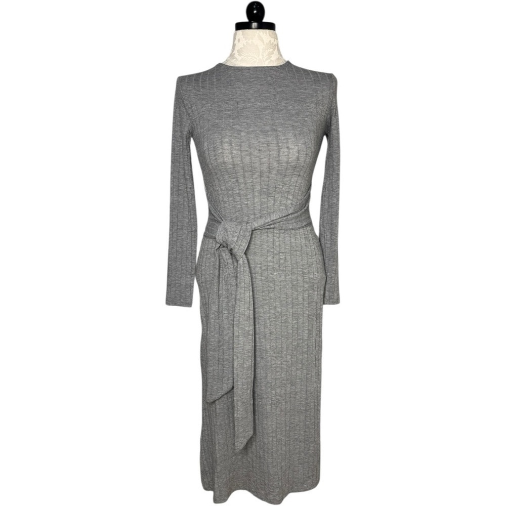 NWT Topshop Classic Rib Knit Wrap Midi Dress Tie waist Grey Size 6 - Picture 2 of 12
